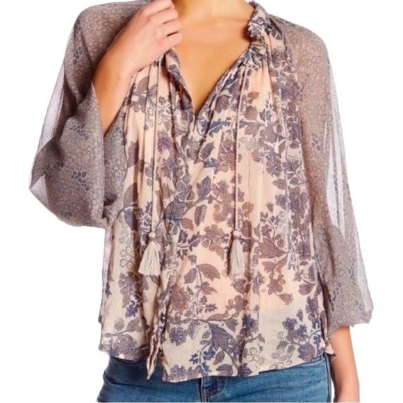 Free People Tops - Free People HENDRIX Floral Peasant button down drawstring tassel blouse in ivory